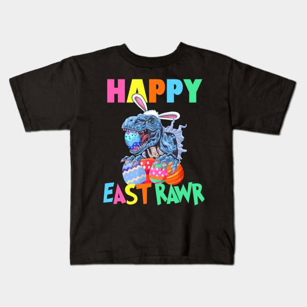 Happy Easter East Rawr Dinosaur Easter Bunny Kids Costume Egg Hunt Boys Kids T-Shirt by Bezra